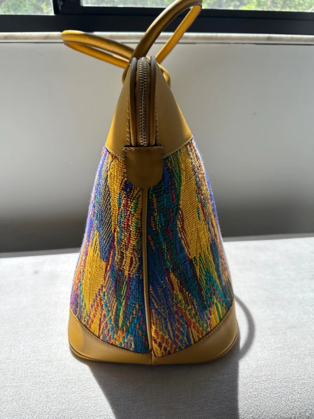 Guatemalan  leather and Embroidered Travel Tote Bag with Multicolor Panel - Picture 5 of 17